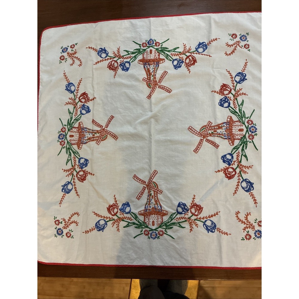 VTG White Linen Table Topper Hand Embroidered Tulips Windmills 32x33" 50s